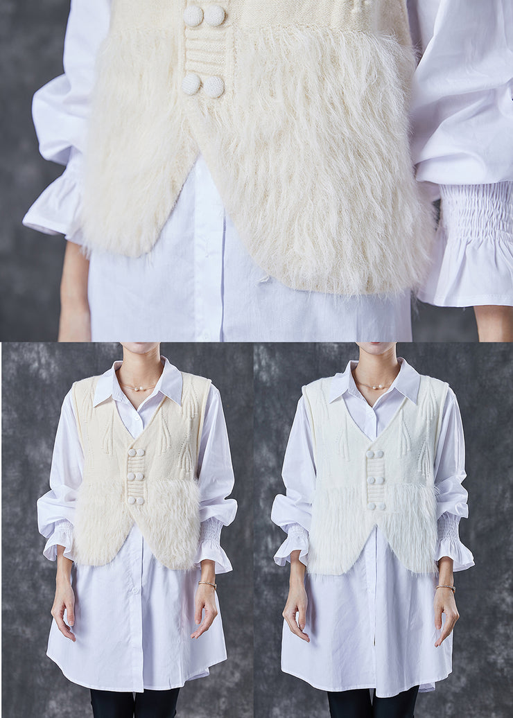 White Patchwork Fuzzy Fur Fluffy Knit Vests Double Breast Spring