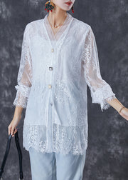White Patchwork Lace Blouses Oversized Hollow Out Fall