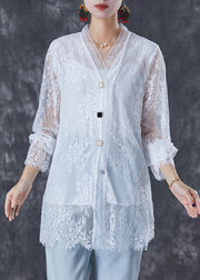White Patchwork Lace Blouses Oversized Hollow Out Fall