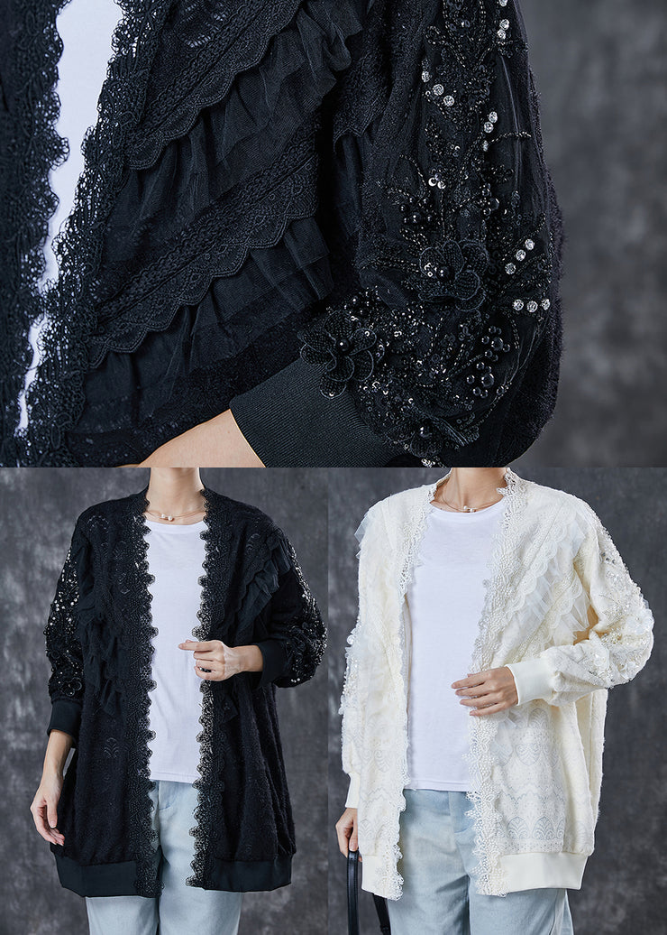 White Patchwork Lace Cardigan Oversized Nail Bead Spring