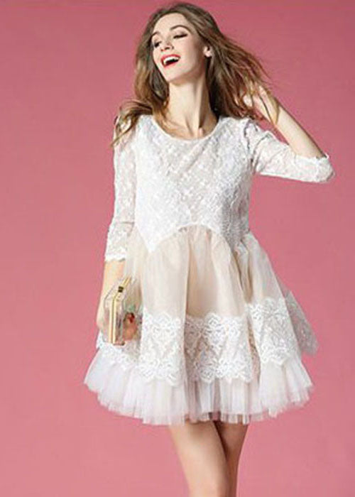 White Patchwork Lace Organza Day Dress O-Neck Exra Large Hem Summer