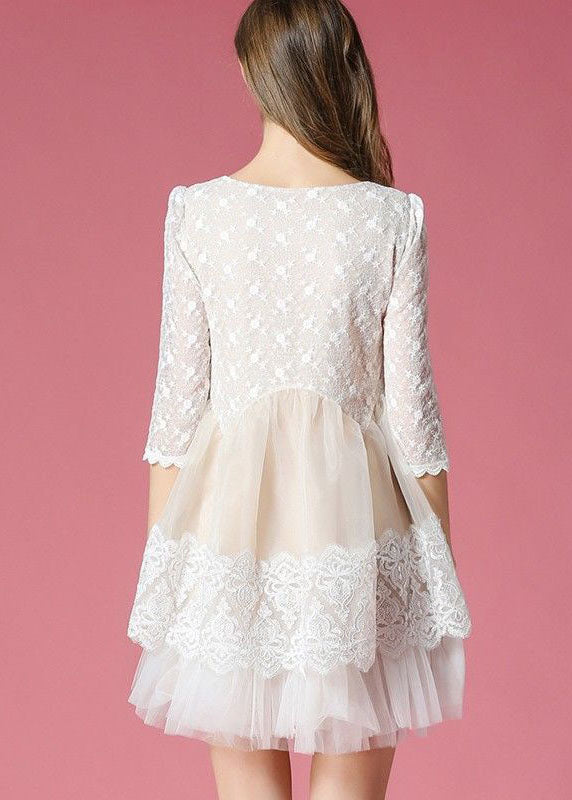 White Patchwork Lace Organza Day Dress O-Neck Exra Large Hem Summer