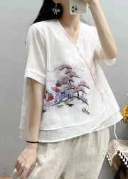 White Patchwork Linen Blouses Embroidered Chinese Button Summer