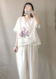 White Patchwork Linen Blouses Embroidered Chinese Button Summer
