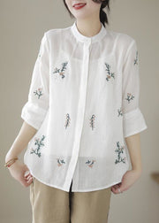 White Patchwork Linen Blouses Embroidered Stand Collar Summer
