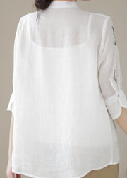 White Patchwork Linen Blouses Embroidered Stand Collar Summer