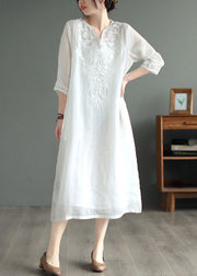 White Patchwork Linen Dresses V Neck Embroidered Bracelet Sleeve