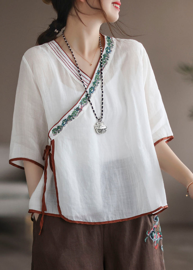 White Patchwork Linen Shirt Embroidered Lace Up Half Sleeve