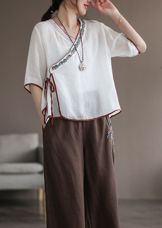 White Patchwork Linen Shirt Embroidered Lace Up Half Sleeve