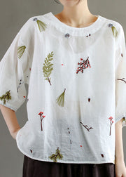 White Patchwork Linen T Shirt Tops Embroidered Lantern Sleeve