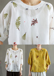 White Patchwork Linen T Shirt Tops Embroidered Lantern Sleeve
