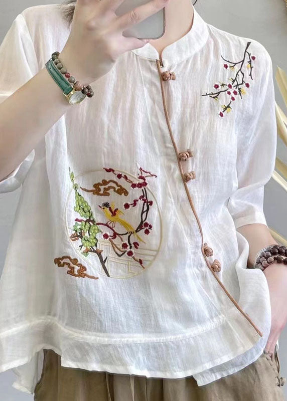 White Patchwork Linen Tops Embroidered Stand Collar Summer