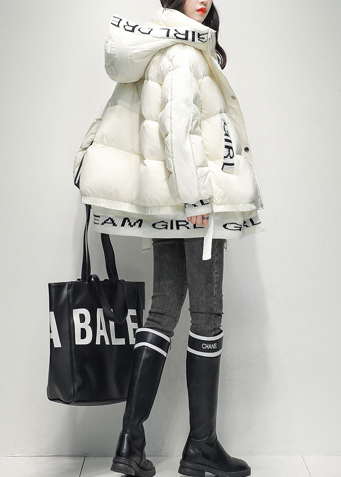 White Patchwork Loose Duck Down Down Jacket Zip Up Zippered Winter