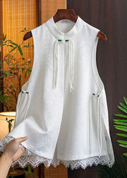 White Patchwork Silk Beach Vest Jacquard Stand Collar Sleeveless