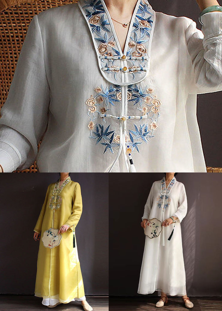 White Patchwork Silk Dress Tasseled Embroidered Spring