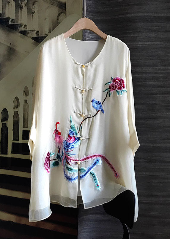 White Patchwork Silk Tops Embroidered Chinese Button Long Sleeve