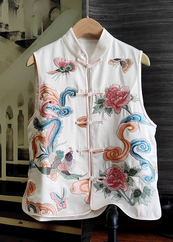 White Patchwork Silk Vest Embroidered Stand Collar Sleeveless