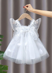 White Patchwork Tulle Baby Girls Dresses Ruffled Butterfly Summer