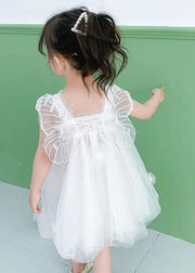 White Patchwork Tulle Baby Girls Dresses Ruffled Butterfly Summer