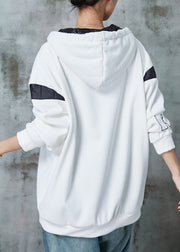 White Patchwork Warm Fleece Sweatshirts Top Oversized Drawstring Spring