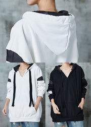 White Patchwork Warm Fleece Sweatshirts Top Oversized Drawstring Spring