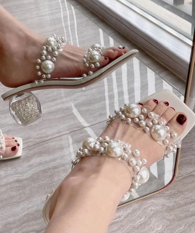 White Peep Toe Chunky Fashion Splicing Nail Bead Slide Sandals