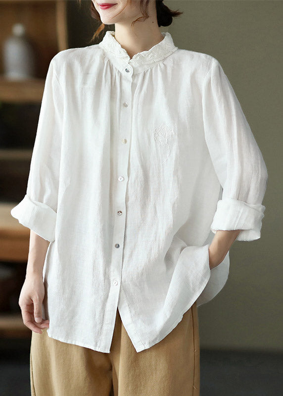White Peter Pan Collar Button Linen Shirt Long Sleeve