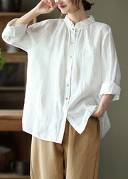 White Peter Pan Collar Button Linen Shirt Long Sleeve