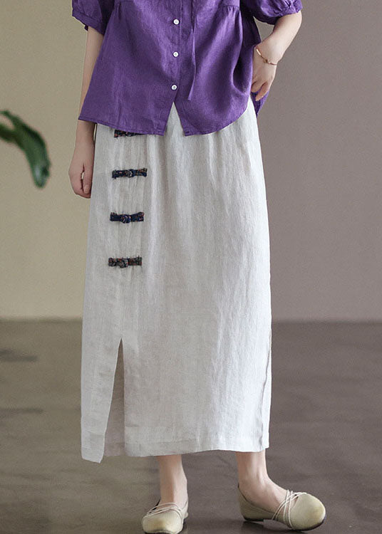White Pockets Linen A Line Skirts High Waist Oriental Button Summer