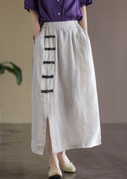 White Pockets Linen A Line Skirts High Waist Oriental Button Summer