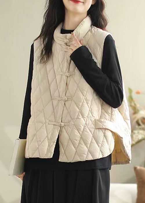 White Pockets Patchwork Cotton Filled Waistcoat Stand Collar Winter