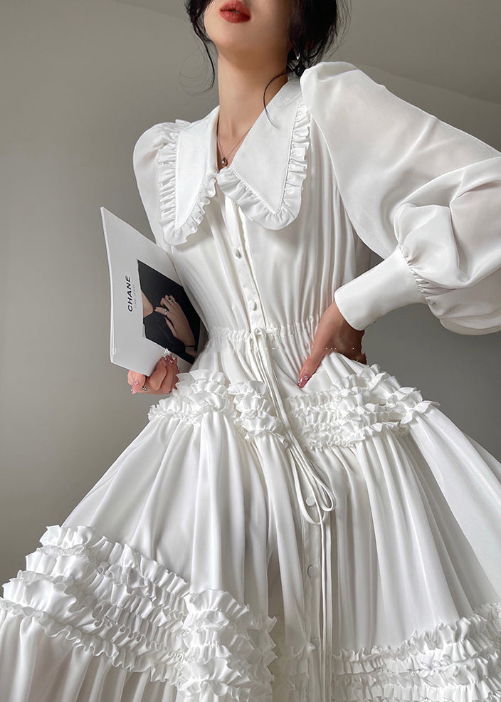 White Print Button Tie Waist Chiffon Dresses Long Sleeve