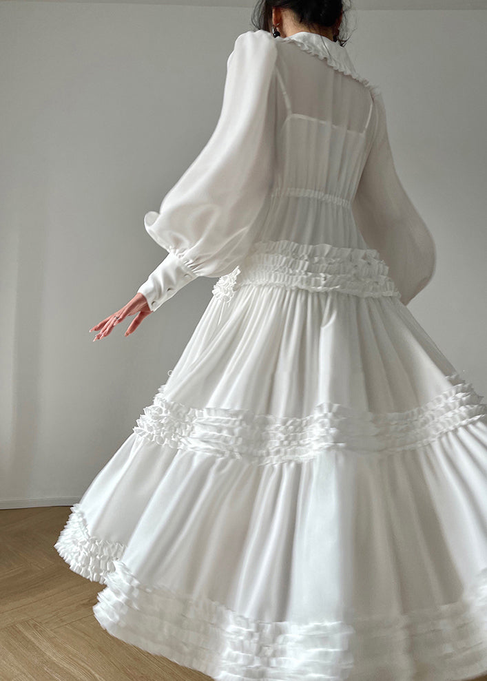 White Print Button Tie Waist Chiffon Dresses Long Sleeve