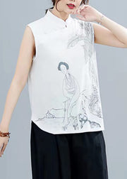 White Print Linen Shirt Top Mandarin Collar Sleeveless