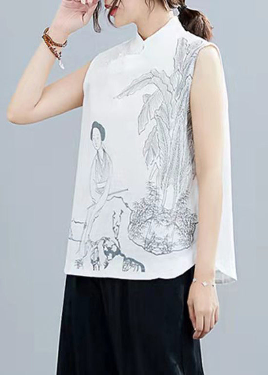 White Print Linen Shirt Top Mandarin Collar Sleeveless
