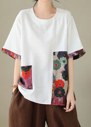 White Print Patchwork Cotton T Shirt Top O Neck Short Sleeve