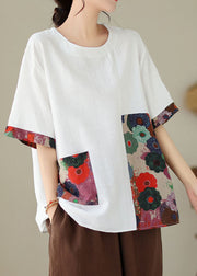 White Print Patchwork Cotton T Shirt Top O Neck Short Sleeve