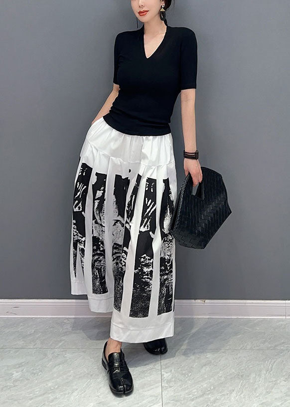 White Print Patchwork Cotton Wide Leg Pants Wrinkled Spring