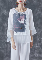 White Print Patchwork Organza Linen Shirt Top Bracelet Sleeve