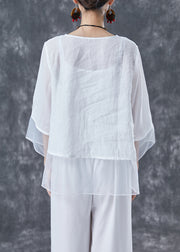 White Print Patchwork Organza Linen Shirt Top Bracelet Sleeve