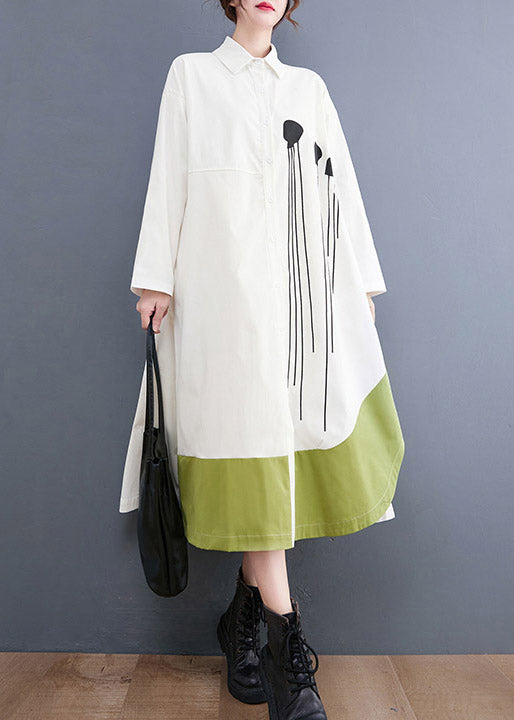 White Print Pocket Shirt Long Dresses asymmetrical design Long sleeve