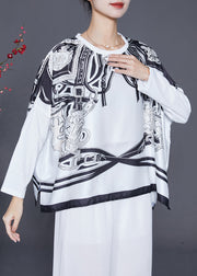 White Print Satin Tops Oversized Side Open Batwing Sleeve