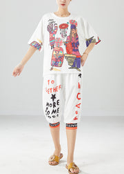 White Print Silk Tops And Pants Two Pieces Set Oversized Summer