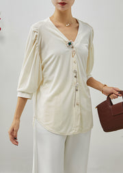 White Silk Velour Top Oversized Wrinkled Half Sleeve