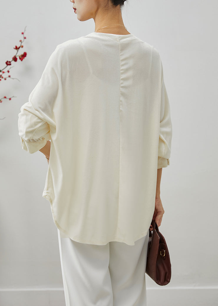 White Silk Velour Top Oversized Wrinkled Half Sleeve
