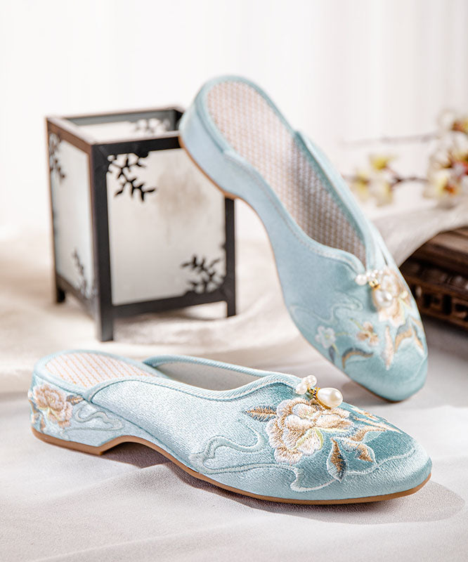 White Slide Sandals Chunky Cotton Fabric Comfortable Embroidered Splicing
