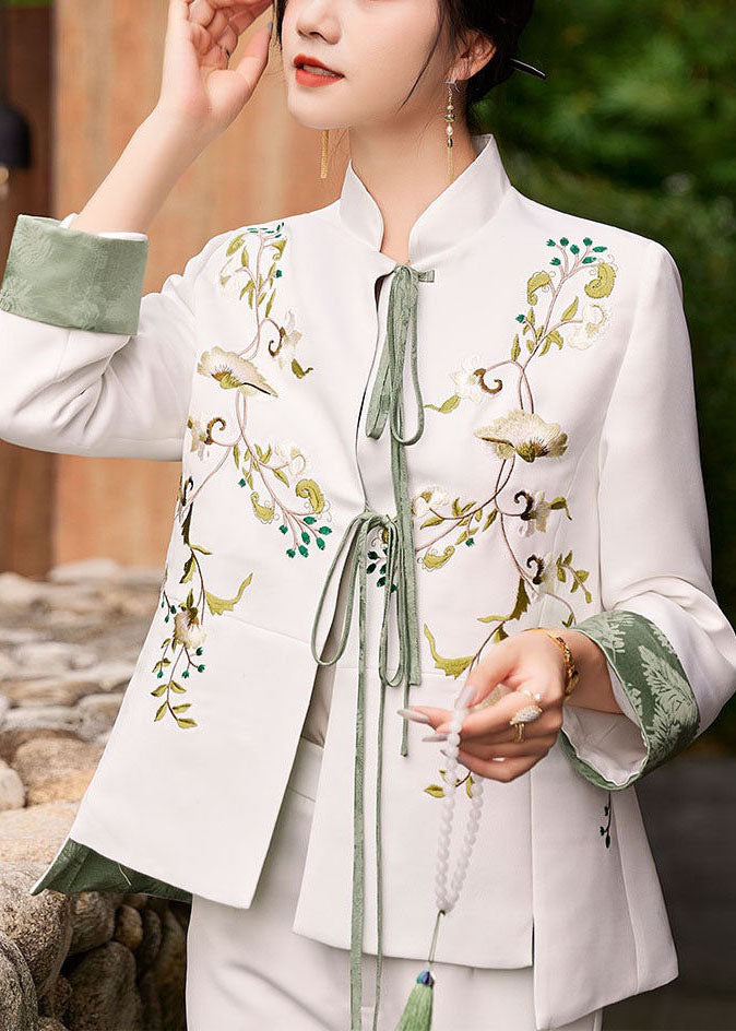 White Slim Fit Silk Jacket Embroidered Mandarin Collar Spring