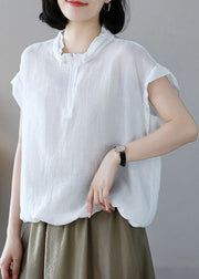 White Solid Cotton Sweatshirt Streetwear Oversized Drawstring Short Sleeve