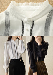 White Stand Collar Button Chiffon Shirts Long Sleeve