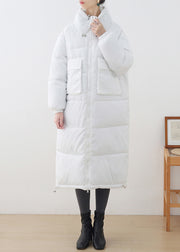 White Stand Collar Zippered Drawstring Thick Parka Long Sleeve